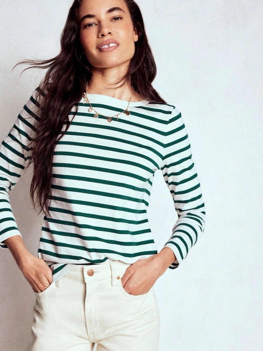 Boden Olivia Breton T-Shirt Green Stripe Long Sleeve Women Size 10